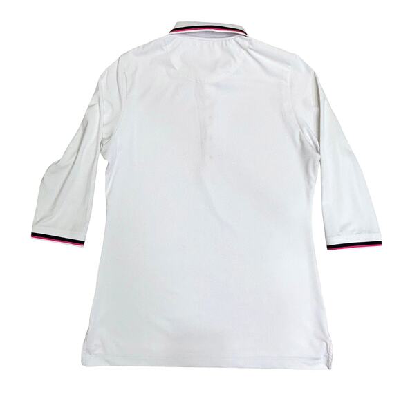 Peter MIllar White 1/4 Button Elbow Sleeve Polo Shirt Pink Blue Striped Trim - Picture 6 of 8